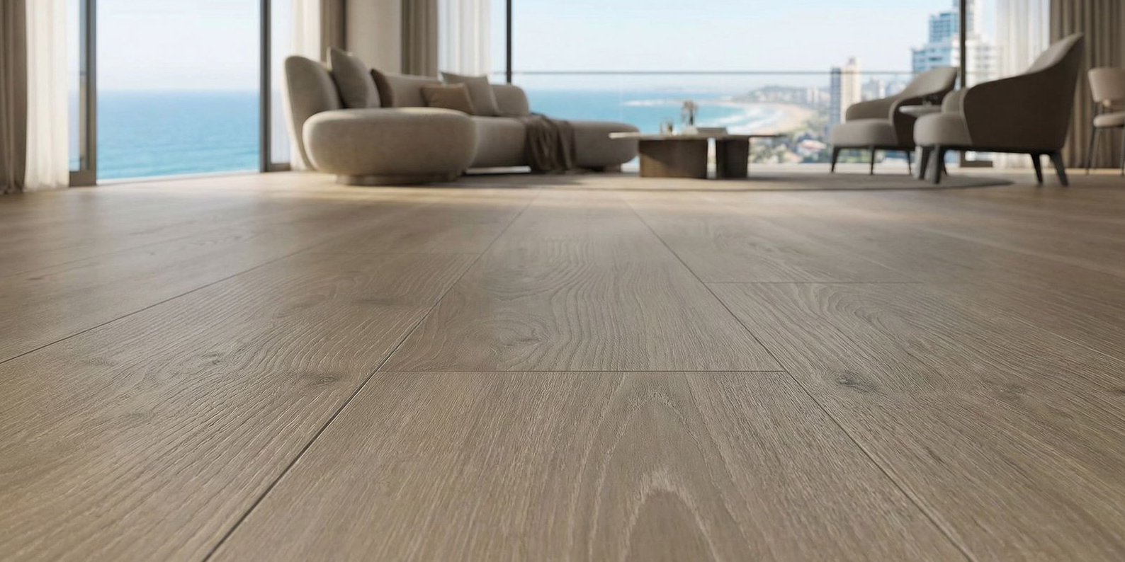 Finfloor laminate floor Oak Skyline pearl-grey installes on a beautiful living room. Buy it at Yunipat Distributors in Zambia